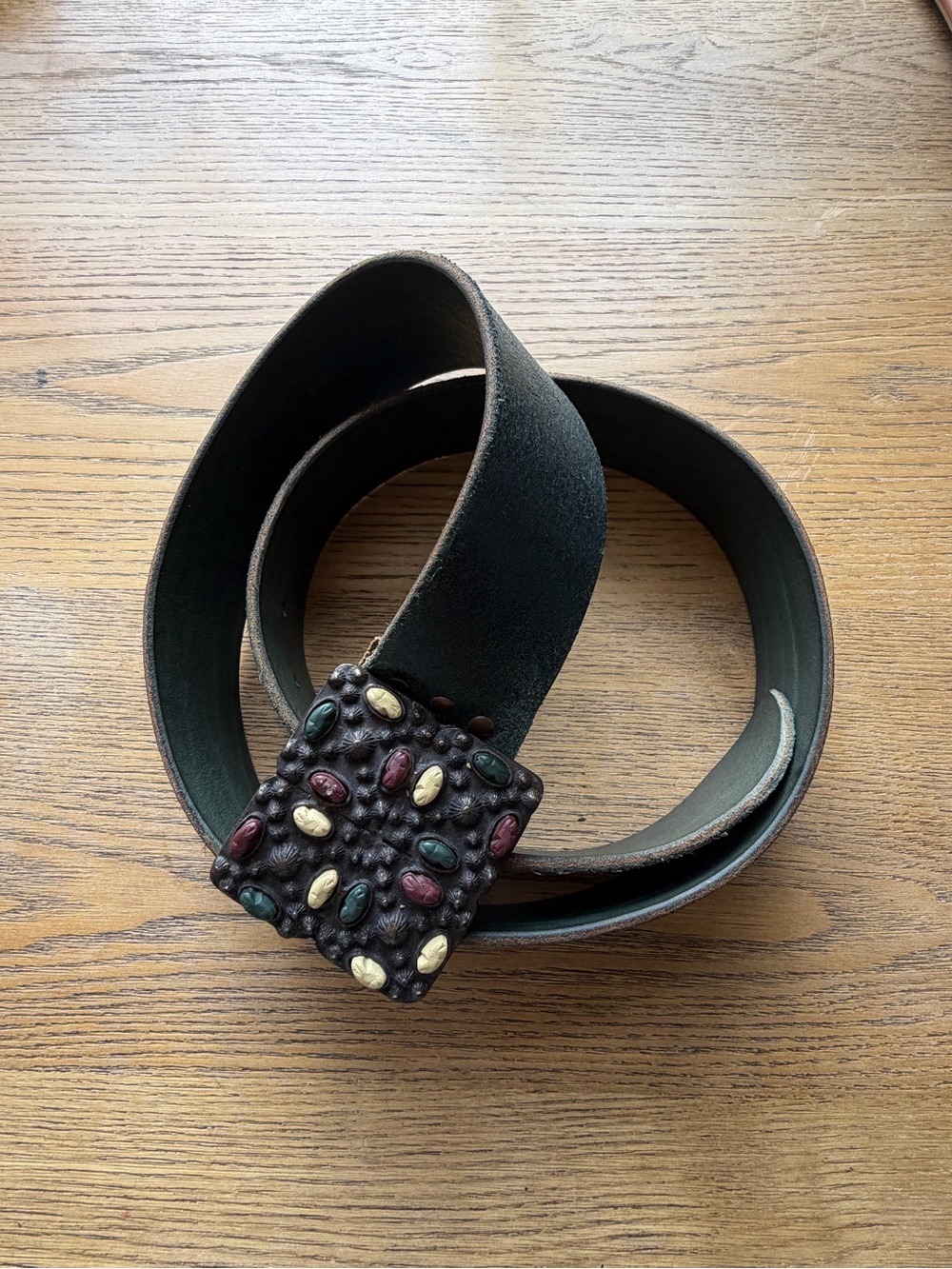Black Leather Belt with Multicolored Beaded Square Buckle